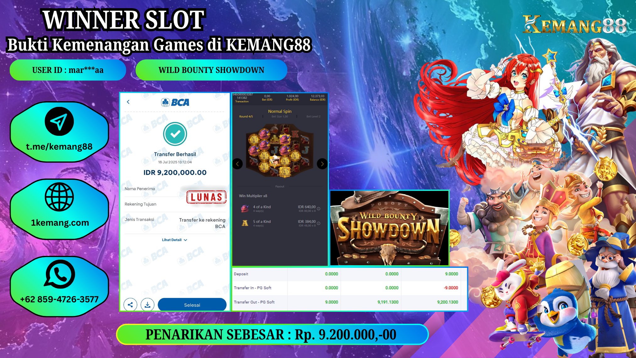KEMANG88 [18 JULY 2025] : JACKPOT SLOT :  WILD BOUNTY SHOWDOWN [PG]  Rp.9.200.000.,- LUNAS
